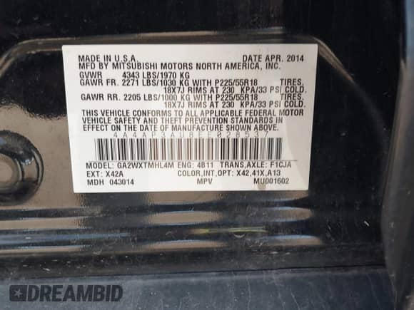 2014 Mitsubishi Outlander ES with VIN 4A4AP3AU8EE028537, listed as a IAAI auction lot 43226979 with 189,344 mi miles and . Bid and sale history available at DreamBid. Image 9.