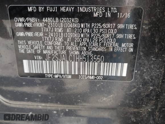 2017 Subaru Forester Limited with VIN JF2SJALC1HH513550, listed as a IAAI auction lot 42266191 with 98,351 mi miles and . Bid and sale history available at DreamBid. Image 9.