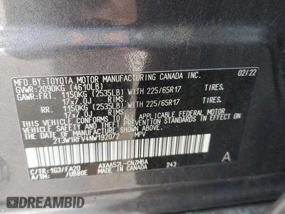 ✅ 2022 Toyota RAV4 XLE • VIN: 2T3W1RFV4NW192072 • Lot: 80070425. Wystawiony na Copart z przebiegiem 64 113 mil. Bezpłatny archiwum sprzedaży aukcyjnych z USA i szczegółowy raport historii pojazdu na DreamBid. Zdjęcie 13.