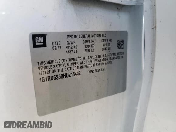 ✅ 2017 Chevrolet Volt Premier • VIN: 1G1RD6S58HU216442 • Lot: 87033525. Listed on Copart with 113,941 mi. Free auction sales archive from the USA and detailed vehicle history report at DreamBid. Image 12.