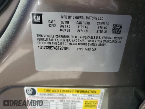 ✅ 2012 Chevrolet Malibu LTZ • VIN: 1G1ZG5E74CF281946 • Lot: 49991684. Listed on Copart with 152,608 mi. Free auction sales archive from the USA and detailed vehicle history report at DreamBid. Image 12.