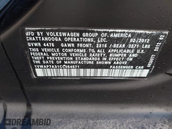 ✅ 2012 Volkswagen Passat S • VIN: 1VWAP7A31CC054571 • Lot: 41238356. Listed on IAAI with 229,833 mi. Free auction sales archive from the USA and detailed vehicle history report at DreamBid. Image 9.