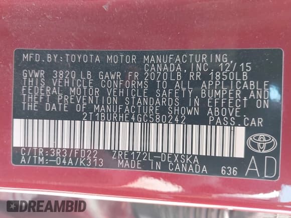 ✅ 2016 Toyota Corolla L • VIN: 2T1BURHE4GC580242 • Lot: 42190999. Listed on IAAI with 123,312 mi. Free auction sales archive from the USA and detailed vehicle history report at DreamBid. Image 9.