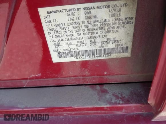 ✅ 2008 Nissan Altima S • VIN: 1N4AL21E78N404354 • Лот: 43120392. Опубликован ранее на IAAI с пробегом 158 916 миль. Бесплатный доступ к архиву аукционных продаж из США и подробный отчёт об истории автомобиля на DreamBid. Изображение 9.