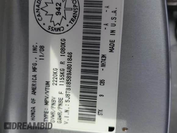 ✅ 2009 Acura RDX Technology • VIN: 5J8TB18589A801846 • Lot: 47366835. Listed on Copart with 246,254 mi. Free auction sales archive from the USA and detailed vehicle history report at DreamBid. Image 12.