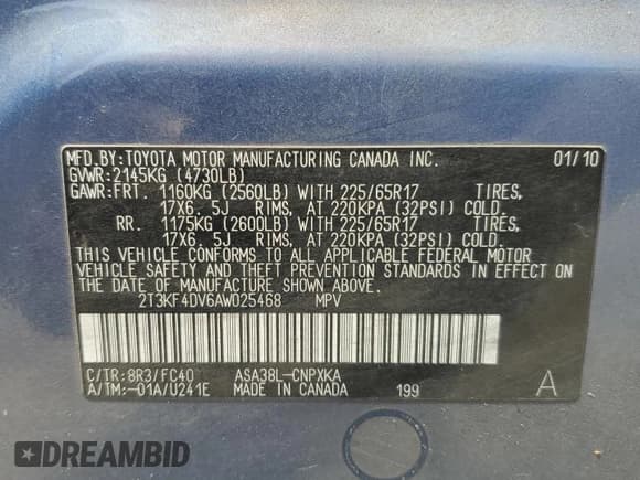 ✅ 2010 Toyota RAV4 • VIN: 2T3KF4DV6AW025468 • Lot: 57037955. Listed on Copart with 186,785 mi. Free auction sales archive from the USA and detailed vehicle history report at DreamBid. Image 13.