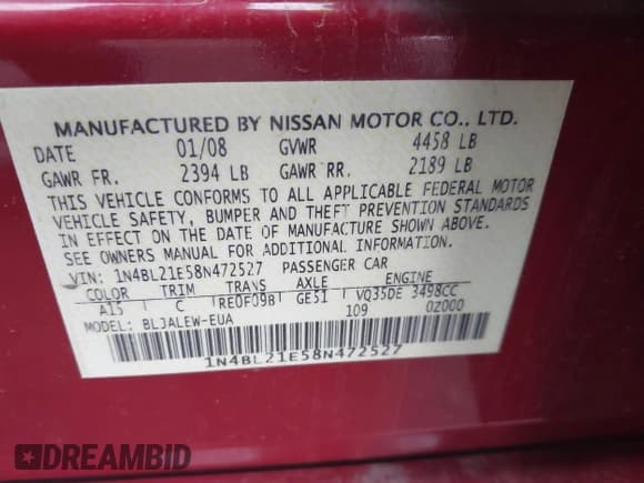 ✅ 2008 Nissan Altima SL • VIN: 1N4BL21E58N472527 • Lot: 41637727. Listed on IAAI with 194,246 mi. Free auction sales archive from the USA and detailed vehicle history report at DreamBid. Image 9.