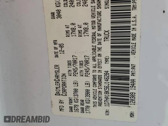 2006 Dodge 1500 ST с VIN 1D7HA18K56J146284, выставлен на аукционе Copart как лот 67054844 с пробегом 237 028 миль миль и Списание • Salvage title. История ставок и продаж доступна на DreamBid. Изображение 12.