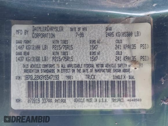 ✅ 2000 Dodge Dakota • VIN: 1B7GL22X3YS547193 • Lot: 42073887. Wystawiony na IAAI z przebiegiem 115 429 mil. Bezpłatny archiwum sprzedaży aukcyjnych z USA i szczegółowy raport historii pojazdu na DreamBid. Zdjęcie 9.