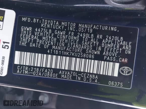 2019 Toyota Camry LE z VIN 4T1B11HK7KU258086, wystawiony jako IAAI lot #42436658 z przebiegiem 130 729 mil mil oraz . Historia ofert i sprzedaży dostępna na DreamBid. Obrazek 9.