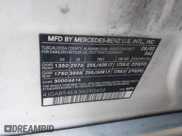 ✅ 2003 Mercedes-Benz M 320 • VIN: 4JGAB54E83A390406 • Lot: 43745134. Listed on IAAI with 196,607 mi. Free auction sales archive from the USA and detailed vehicle history report at DreamBid. Image 9.