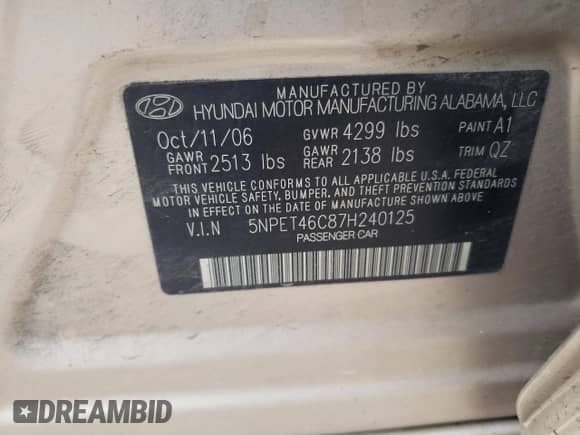 2007 Hyundai Sonata GLS с VIN 5NPET46C87H240125, выставлен на аукционе Copart как лот 74077624 с пробегом 206 963 миль миль и Списание • Salvage title. История ставок и продаж доступна на DreamBid. Изображение 12.