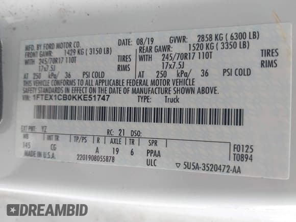 ✅ 2019 Ford F-150 XL • VIN: 1FTEX1CB0KKE51747 • Lot: 40526082. Listed on IAAI with 85,519 mi. Free auction sales archive from the USA and detailed vehicle history report at DreamBid. Image 9.