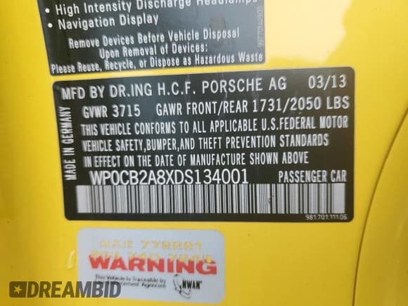 ✅ 2013 Porsche Boxster S • VIN: WP0CB2A8XDS134001 • Лот: 60474305. Опубликован ранее на Copart с пробегом Не указан. Бесплатный доступ к архиву аукционных продаж из США и подробный отчёт об истории автомобиля на DreamBid. Изображение 12.