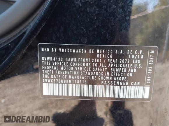 ✅ 2019 Volkswagen Jetta S • VIN: 3VWC57BU8KM118916 • Lot: 43216609. Listed on IAAI with 95,439 mi. Free auction sales archive from the USA and detailed vehicle history report at DreamBid. Image 9.