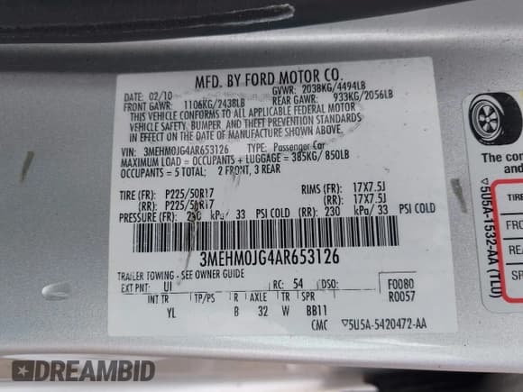 ✅ 2010 Mercury Milan Premier • VIN: 3MEHM0JG4AR653126 • Лот: 43135818. Опубликован ранее на IAAI с пробегом 186 814 миль. Бесплатный доступ к архиву аукционных продаж из США и подробный отчёт об истории автомобиля на DreamBid. Изображение 9.