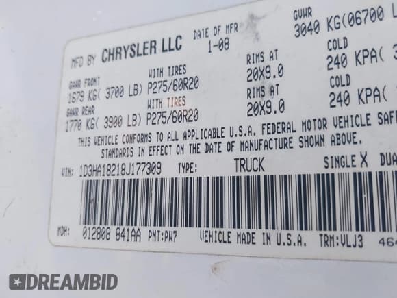 ✅ 2008 Dodge 1500 SLT • VIN: 1D3HA18218J177309 • Lot: 43705246. Listed on IAAI with 420,964 mi. Free auction sales archive from the USA and detailed vehicle history report at DreamBid. Image 9.