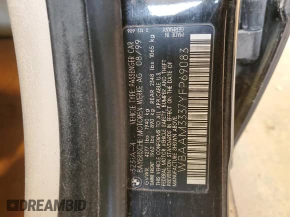 2000 BMW 3 Series 323i с VIN WBAAM3337YFP69083, выставлен на аукционе Copart как лот 47803495 с пробегом Не указан миль и Чистый • Clean title. История ставок и продаж доступна на DreamBid. Изображение 12.