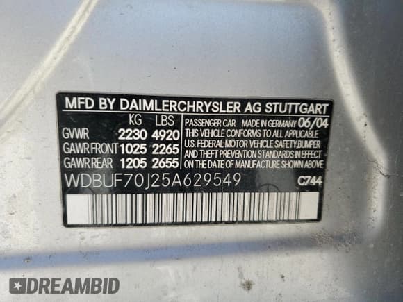 ✅ 2005 Mercedes-Benz E 500 • VIN: WDBUF70J25A629549 • Lot: 90660325. Listed on Copart with 159,503 mi. Free auction sales archive from the USA and detailed vehicle history report at DreamBid. Image 12.