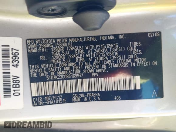 ✅ 2008 Toyota Sienna CE • VIN: 5TDZK23C08S169947 • Lot: 43753172. Listed on IAAI with 176,857 mi. Free auction sales archive from the USA and detailed vehicle history report at DreamBid. Image 9.