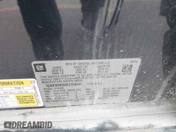 ✅ 2015 Chevrolet Traverse LT • VIN: 1GNKVHKD0FJ154341 • Lot: 43718764. Listed on IAAI with Not provided. Free auction sales archive from the USA and detailed vehicle history report at DreamBid. Image 9.