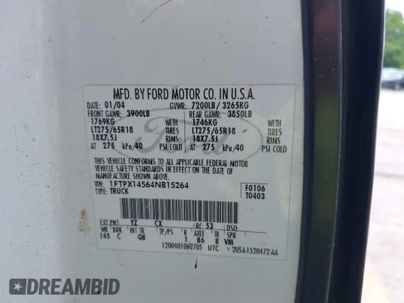 ✅ 2004 Ford F-150 XLT • VIN: 1FTPX14564NB15264 • Лот: 42380984. Опубликован ранее на IAAI с пробегом Не указан. Бесплатный доступ к архиву аукционных продаж из США и подробный отчёт об истории автомобиля на DreamBid. Изображение 9.