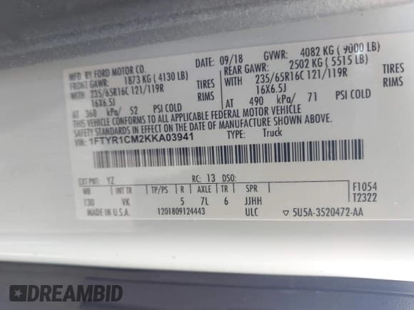 ✅ 2019 Ford Transit • VIN: 1FTYR1CM2KKA03941 • Lot: 42161505. Wystawiony na IAAI z przebiegiem 70 145 mil. Bezpłatny archiwum sprzedaży aukcyjnych z USA i szczegółowy raport historii pojazdu na DreamBid. Zdjęcie 9.