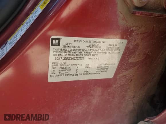 2010 Chevrolet Equinox 1LT with VIN 2CNALDEW2A6262526, listed as a Copart auction lot 65225015 with 183,240 mi miles and Clean title. Bid and sale history available at DreamBid. Image 13.