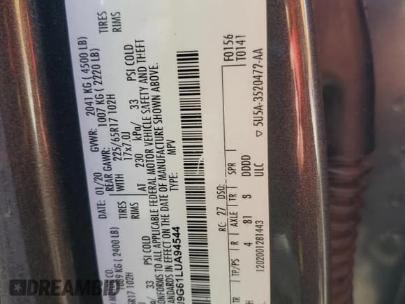 ✅ 2020 Ford Escape SE • VIN: 1FMCU9G61LUA94544 • Lot: 82504575. Listed on Copart with 82,325 mi. Free auction sales archive from the USA and detailed vehicle history report at DreamBid. Image 12.