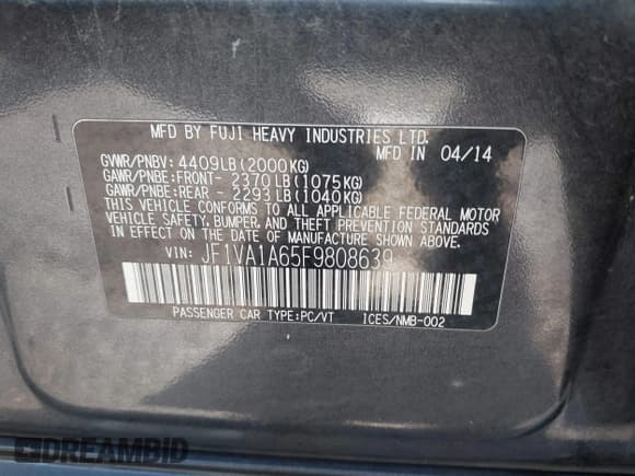 ✅ 2015 Subaru WRX • VIN: JF1VA1A65F9808639 • Lot: 42792621. Listed on IAAI with 124,831 mi. Free auction sales archive from the USA and detailed vehicle history report at DreamBid. Image 9.