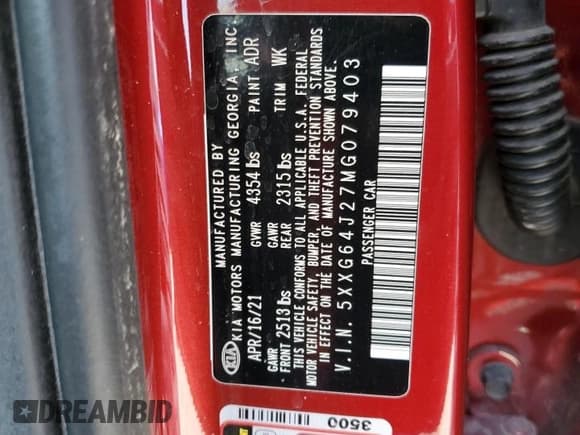 ✅ 2021 Kia K5 GT-Line • VIN: 5XXG64J27MG079403 • Lot: 54077845. Listed on Copart with Not provided. Free auction sales archive from the USA and detailed vehicle history report at DreamBid. Image 12.