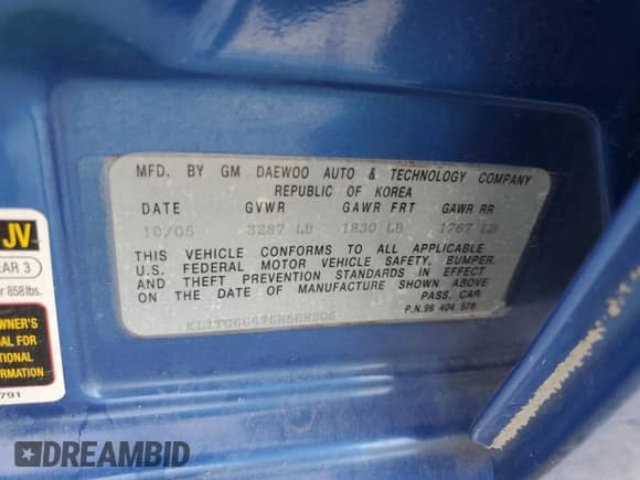 2006 Chevrolet Aveo LT с VIN KL1TG66676B568306, выставлен на аукционе Copart как лот 60642924 с пробегом 206 674 миль миль и На запчасти • Non repairable. История ставок и продаж доступна на DreamBid. Изображение 12.