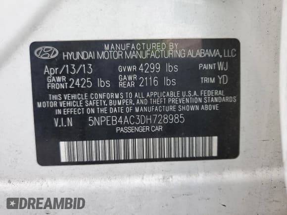 ✅ 2013 Hyundai Sonata GLS • VIN: 5NPEB4AC3DH728985 • Lot: 76553684. Listed on Copart with 109,775 mi. Free auction sales archive from the USA and detailed vehicle history report at DreamBid. Image 12.
