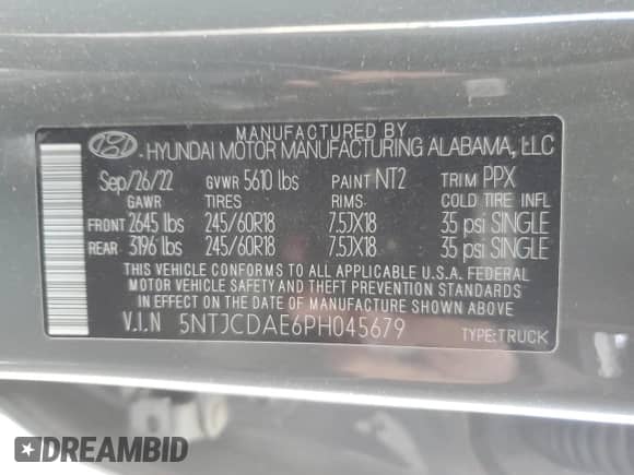 2023 Hyundai Santa Cruz SEL с VIN 5NTJCDAE6PH045679, выставлен на аукционе Copart как лот 82717464 с пробегом 48 986 миль миль и Списание • Salvage title. История ставок и продаж доступна на DreamBid. Изображение 14.