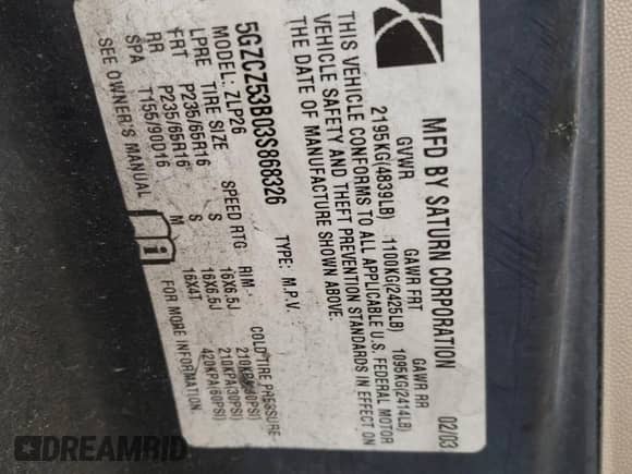 2003 Saturn VUE z VIN 5GZCZ53B03S868326, wystawiony jako Copart lot #86543024 z przebiegiem 267 757 mil mil oraz Szkoda całkowita • Salvage title. Historia ofert i sprzedaży dostępna na DreamBid. Obrazek 15.