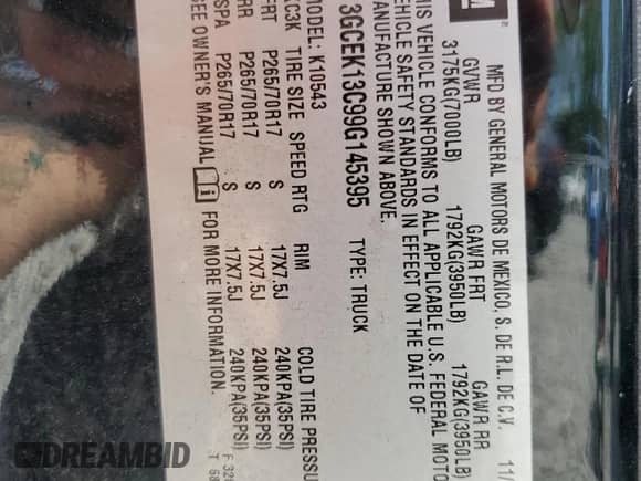 2009 Chevrolet Silverado 1500 LS z VIN 3GCEK13C99G145395, wystawiony jako Copart lot #57073015 z przebiegiem 112 155 mil mil oraz Czysty tytuł • Clean title. Historia ofert i sprzedaży dostępna na DreamBid. Obrazek 12.