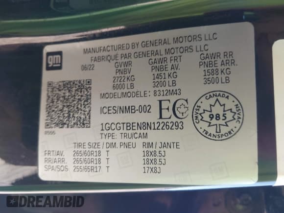 ✅ 2022 Chevrolet Colorado 4WD Work Truck • VIN: 1GCGTBEN8N1226293 • Lot: 43375135. Listed on IAAI with 53,145 mi. Free auction sales archive from the USA and detailed vehicle history report at DreamBid. Image 9.