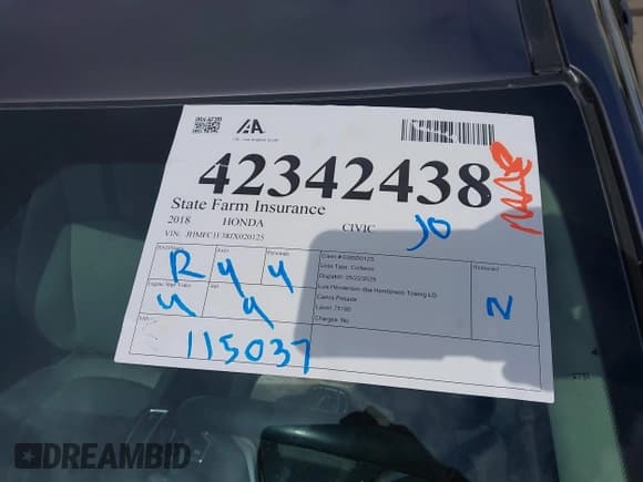 ✅ 2018 Honda Civic EX-T • VIN: JHMFC1F38JX020125 • Lot: 42342438. Listed on IAAI with 115,037 mi. Free auction sales archive from the USA and detailed vehicle history report at DreamBid. Image 18.