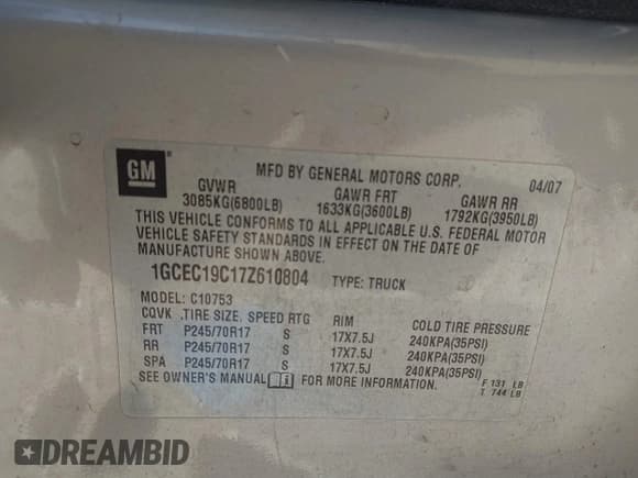 ✅ 2007 Chevrolet Silverado 1500 Work Truck • VIN: 1GCEC19C17Z610804 • Lot: 41652687. Listed on IAAI with 333,312 mi. Free auction sales archive from the USA and detailed vehicle history report at DreamBid. Image 9.