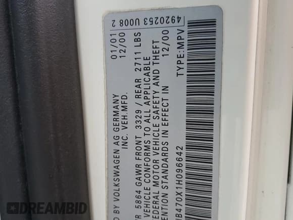 ✅ 2001 Volkswagen EuroVan MV • VIN: WV2NB470X1H096642 • Lot: 85418875. Listed on Copart with 133,046 mi. Free auction sales archive from the USA and detailed vehicle history report at DreamBid. Image 14.