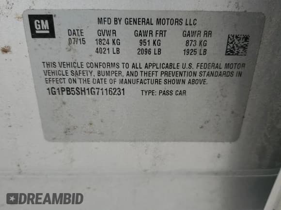 ✅ 2016 Chevrolet Cruze LS • VIN: 1G1PB5SH1G7116231 • Lot: 44238065. Listed on Copart with 133,551 mi. Free auction sales archive from the USA and detailed vehicle history report at DreamBid. Image 12.