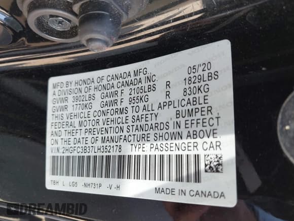 ✅ 2020 Honda Civic EX • VIN: 2HGFC3B37LH352178 • Лот: 42965844. Опубликован ранее на IAAI с пробегом 54 429 миль. Бесплатный доступ к архиву аукционных продаж из США и подробный отчёт об истории автомобиля на DreamBid. Изображение 9.