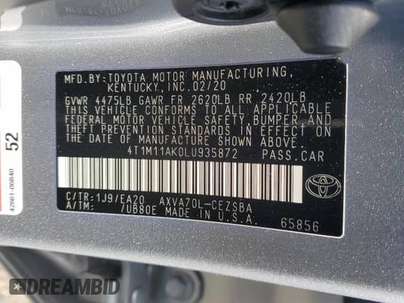 2020 Toyota Camry SE с VIN 4T1M11AK0LU935872, выставлен на аукционе Copart как лот 61269605 с пробегом 132 125 миль миль и Списание • Salvage title. История ставок и продаж доступна на DreamBid. Изображение 13.