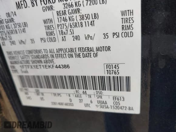 ✅ 2014 Ford F-150 XL • VIN: 1FTFX1ET1EKF44386 • Lot: 42459023. Listed on IAAI with 104,666 mi. Free auction sales archive from the USA and detailed vehicle history report at DreamBid. Image 9.