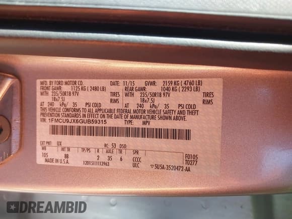 ✅ 2016 Ford Escape Titanium • VIN: 1FMCU9JX6GUB59315 • Lot: 43665895. Wystawiony na IAAI z przebiegiem 127 540 mil. Bezpłatny archiwum sprzedaży aukcyjnych z USA i szczegółowy raport historii pojazdu na DreamBid. Zdjęcie 9.