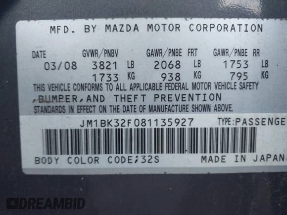 ✅ 2008 Mazda 3 i Touring Value • VIN: JM1BK32F081135927 • Lot: 42943537. Listed on IAAI with 96,175 mi. Free auction sales archive from the USA and detailed vehicle history report at DreamBid. Image 9.