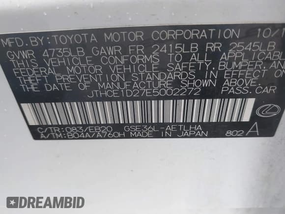 ✅ 2014 Lexus IS 350 • VIN: JTHCE1D27E5002272 • Lot: 41726762. Listed on IAAI with 83,008 mi. Free auction sales archive from the USA and detailed vehicle history report at DreamBid. Image 9.