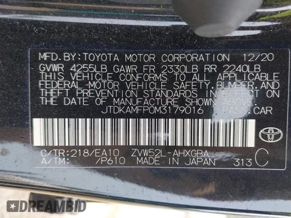 ✅ 2021 Toyota Prius LE • VIN: JTDKAMFP0M3179016 • Lot: 42204095. Listed on IAAI with 34,691 mi. Free auction sales archive from the USA and detailed vehicle history report at DreamBid. Image 9.