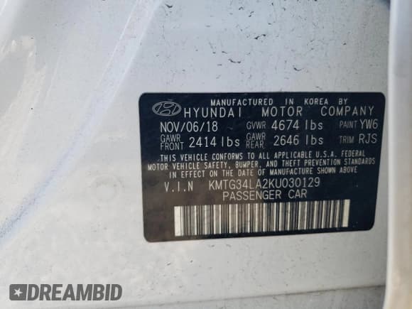 ✅ 2019 Genesis G70 Advanced • VIN: KMTG34LA2KU030129 • Lot: 55584135. Listed on Copart with 123,718 mi. Free auction sales archive from the USA and detailed vehicle history report at DreamBid. Image 12.