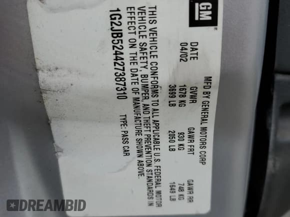 ✅ 2002 Pontiac Sunfire SE • VIN: 1G2JB524427387310 • Лот: 54899625. Опубликован ранее на Copart с пробегом 122 591 миль. Бесплатный доступ к архиву аукционных продаж из США и подробный отчёт об истории автомобиля на DreamBid. Изображение 12.